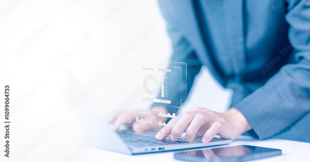 Fototapete analyst manages the system database reports analyzes data plans and shows a dashboard chart on the computer. concept of research on platform digital technology, analytics business