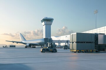 Obraz premium Airport scene with a control tower, airplane, and cargo handling equipment.