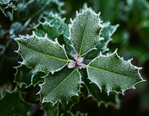 A close-up of holly leaves dusted with frost, capturing the beauty of winter.