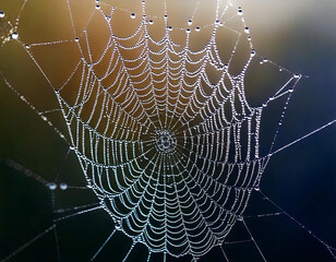 A close-up of a spider web covered in morning dew, shimmering in the sunlight