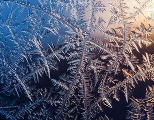 A close-up of delicate frost patterns on a windowpane, illuminated by the morning sun