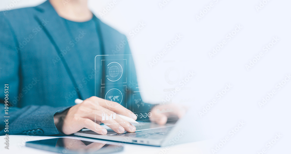 Aufkleber analyst manages the system database reports analyzes data plans and shows a dashboard chart on the computer. concept of research on platform digital technology, analytics business