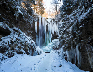 Serene frozen waterfall in a snowy forest, with icicles hanging from cliffs and a path leading to the base, capturing the tranquil beauty of winter