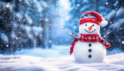 Obraz premium The serene beauty of a forest during snowfall, with a charming snowman in focus.