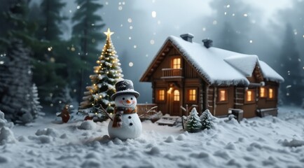 Christmas background. Christmas theme with snowman. Christmas card with Christmas tree on night snowy background.