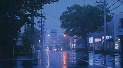Naklejka premium Rainy night scene in an urban setting, showcasing reflections on wet streets.