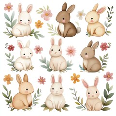 Obraz premium whimsical cute water color Cute rabbits surrounded by flowers and leaves.