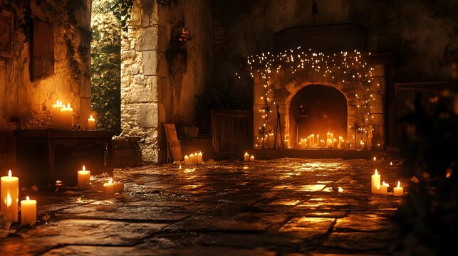 Enchanting candlelit interior with warm glow and rustic charm.
