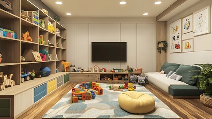 A family-friendly living room with soft furniture, organized toy storage, and ample play space. 