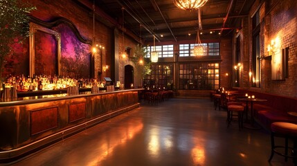 Elegant bar interior featuring warm lighting and rustic decor.