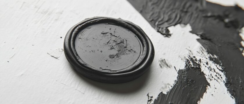 a close-up of a black wax seal on a textured background