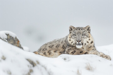 Fototapeta premium Snow leopard utilizing its exceptional camouflage in white snowy habitat
