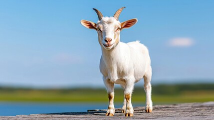 Fototapeta premium A photostock of a goat standing in a grassy meadow under a clear blue sky, emphasizing rural life and organic farming. High Quality
