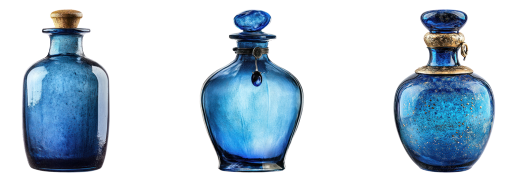 Blue potion bottle isolated on transparent background, Set of