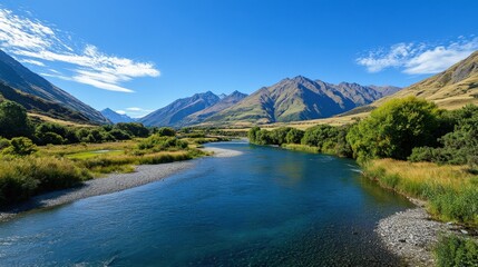 scenic river flowing through lush green valley with mountains in the background