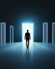 Obraz premium business idea leader decision skill concept A figure stands before multiple doors, contemplating.