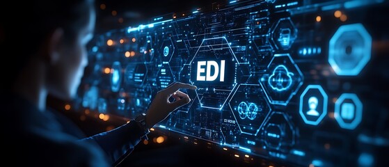 Fototapeta premium EDI, Electronic Data Interchange Concept. Businessman touching on EDI (Electronic Data Interchange) icons, global data transfer, digital security, information paperwork exchange in business context, 