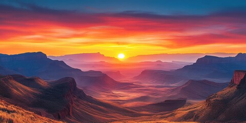Naklejka premium Breathtaking Sunset Over the Majestic Grand Canyon with Vibrant Colors and Scenic Landscape