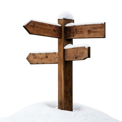 Fototapeta premium A weathered wooden signpost with four blank arrows pointing in different directions, dusted with snow. Ideal for winter, travel, and decision-making themes.