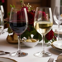 Naklejka premium Imagine a beautifully arranged table featuring two elegant wine glasses: one filled with deep red wine and the other with crisp white wine. Write about the contrasting characteristics of these two win