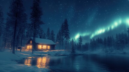 Fototapeta premium A serene winter night scene featuring a cozy cabin by a river under the northern lights.