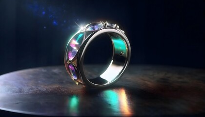 Obraz premium Opal ring with iridescent hues, celestial theme, 3D illustration, ring jewelry, trendy, aesthetic.