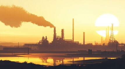 Obraz premium industrial skyline at sunset with smoke and reflections