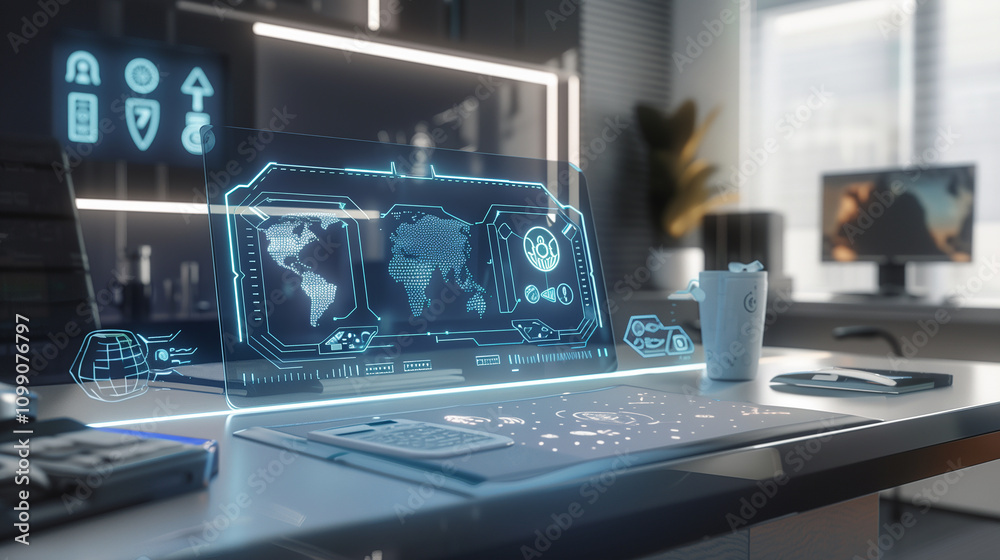 Poster a modern office desk with a glowing augmented display of biometric security scans, showing encrypted