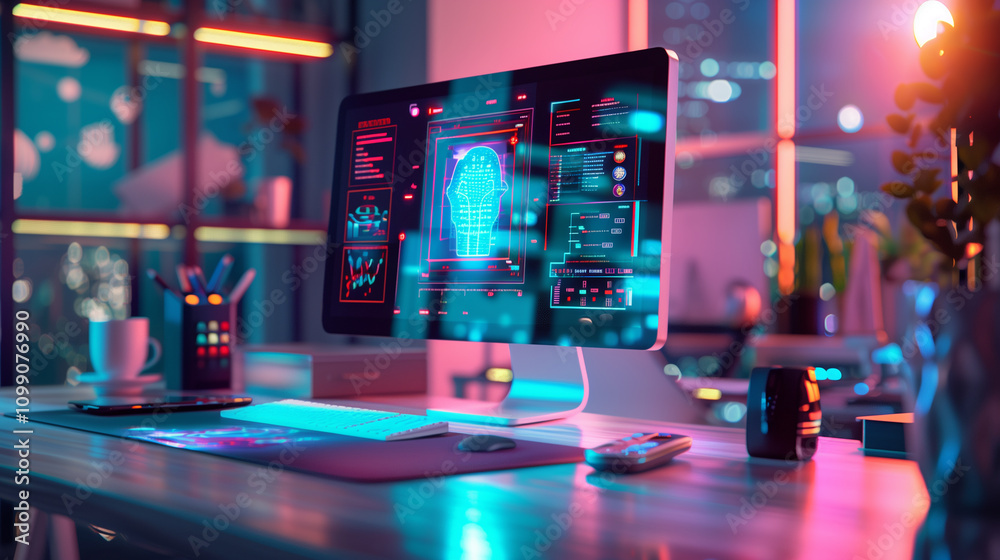 Poster a modern office desk with a glowing augmented display of biometric security scans, showing encrypted
