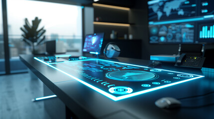 A modern office desk with a glowing augmented display of biometric security scans, showing encrypted IDs and real-time access logs.