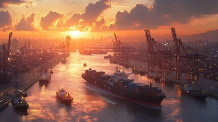 Fototapeta premium A busy port at sunset with ships and containers in motion.