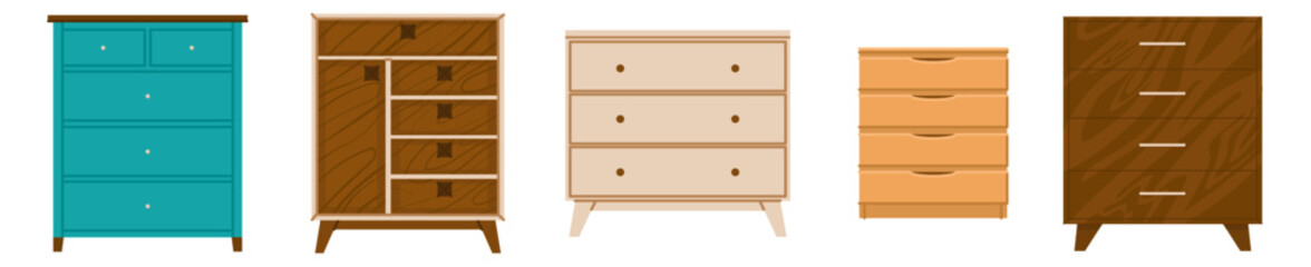 Set of chests of drawers of different designs. Elements for interior design. Storage of things in the household. Furniture store products. Vector illustration isolated on a transparent background