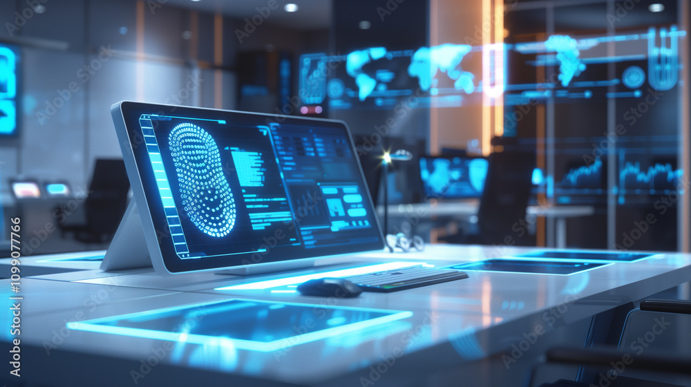 Poster a modern office desk with a glowing augmented display of biometric security scans, showing encrypted