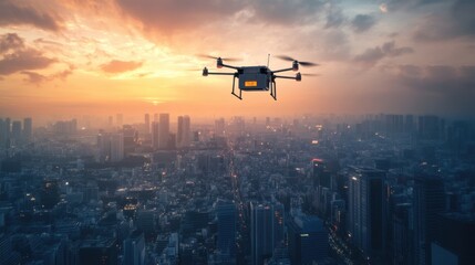 A delivery drone flying above a cityscape, showcasing innovative shipping.