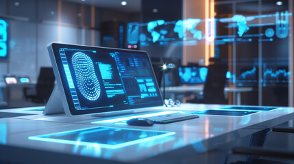 A modern office desk with a glowing augmented display of biometric security scans, showing encrypted IDs and real-time access logs.