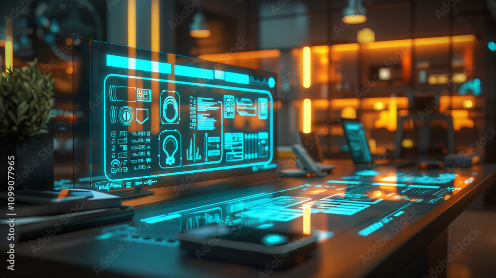 Poster a modern office desk with a glowing augmented display of biometric security scans, showing encrypted