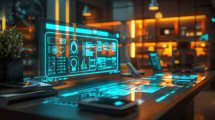 A modern office desk with a glowing augmented display of biometric security scans, showing encrypted IDs and real-time access logs.