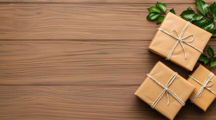 Fototapeta premium A photostock of wrapped gift boxes with brown paper and twine on a textured wooden background, representing minimalist holiday packaging. High Quality