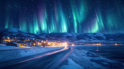 Fototapeta premium A stunning night scene featuring the Northern Lights over a snowy landscape with a small town.