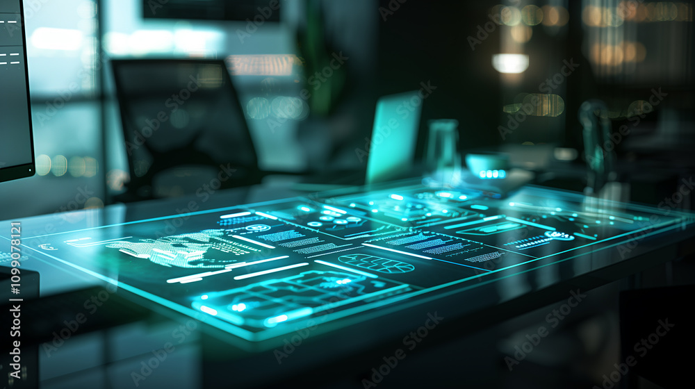 Poster a modern office desk with a glowing augmented display of biometric security scans, showing encrypted