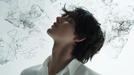 contemplative individual surrounded by abstract thoughts and sketches