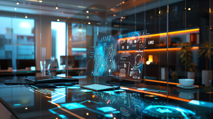 A modern office desk with a glowing augmented display of biometric security scans, showing encrypted IDs and real-time access logs.