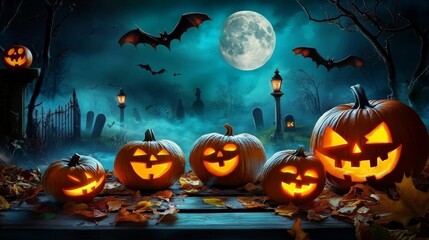 Halloween scene full moon background sky dark shining Spooky Pumpkins Under