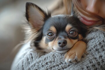Naklejka na ściany i meble Close-up of a small, black and tan chihuahua resting peacefully in a woman's arms.