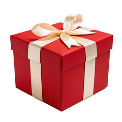 Fototapeta premium Classic red gift box transparent PNG tied with a gold ribbon, perfect for holidays, birthdays, or special occasions. Ideal for celebrations, gifting, or festive-themed projects.
