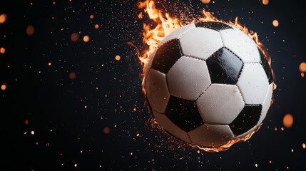 Fototapeta premium Fiery Passion: Soccer Ball engulfed in flames, sparks, and dark background. A dramatic image that captures the intensity and excitement of the sport. 
