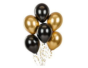 A cluster of black and gold balloons with shimmering surfaces and curling ribbons, isolated on a white background.  Ideal for celebrations, parties, and festive occasions.A cluster of black and gold b
