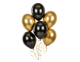 A cluster of black and gold balloons with shimmering surfaces and curling ribbons, isolated on a white background.  Ideal for celebrations, parties, and festive occasions.A cluster of black and gold b