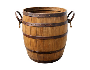 Obraz premium Vintage oak barrel with metal bands and leather handles, perfect for historical settings, rustic decor, or storing and aging beverages. (Transparent PNG)