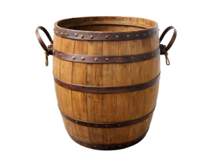 Vintage oak barrel with metal bands and leather handles, perfect for historical settings, rustic decor, or storing and aging beverages. (Transparent PNG)